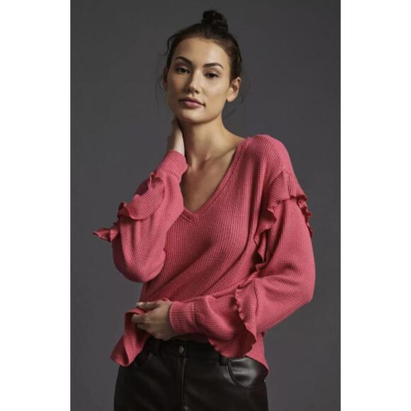 Pilcro Tops - Pilcro by Anthropologie Pink Waffle Ruffled V-Neck Top - Size - Small